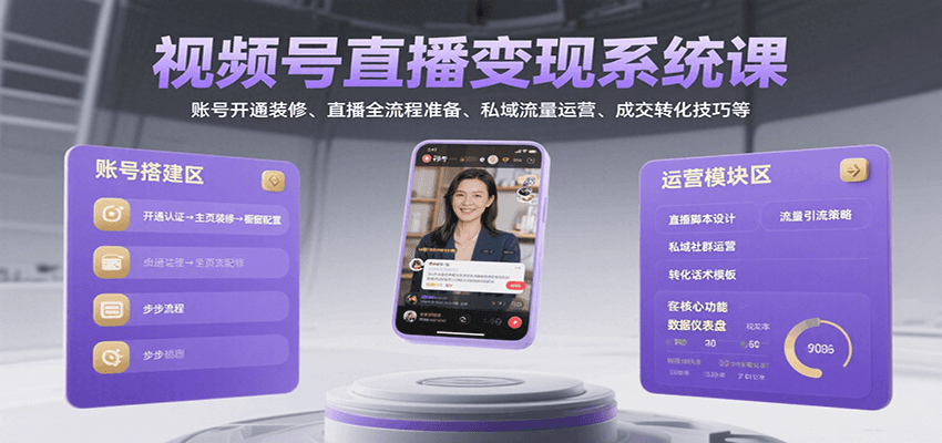 视频号直播变现系统课，账号开通装修、直播全流程准备、私域流量运营、成交转化技巧等|宝妈创业网