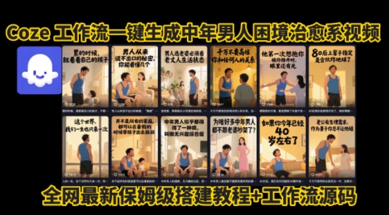 coze工作流一键生成”中年男人困境扎心高涨粉高播放量图文视频”保姆级拆解教程，无需剪辑，无需拍摄写文案|宝妈创业网