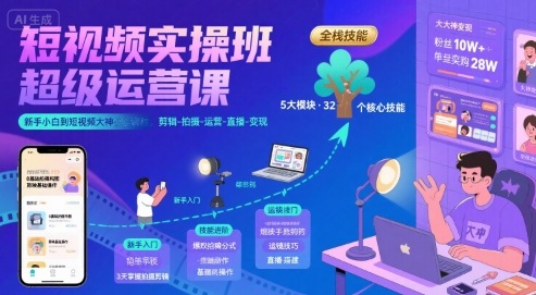 短视频实操班超级运营课，新手小白到短视频大神必修课程，剪辑-拍摄-运营-直播-变现|宝妈创业网