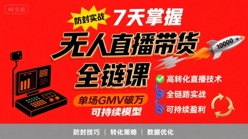 无人直播带货全链防封实战课，7天掌握高转化直播技术，实现单场GMV破万可持续模型|宝妈创业网