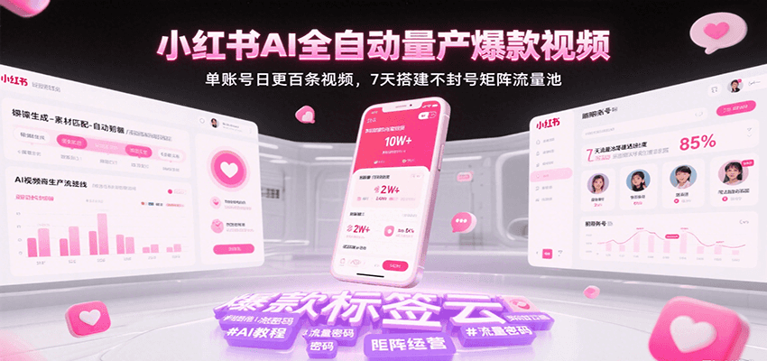 小红书AI全自动量产爆款视频，单账号日更百条视频，7天搭建不封号矩阵流量池|宝妈创业网