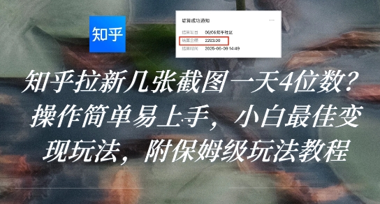 知乎拉新几张截图一天4位数？操作简单易上手，小白最佳变现玩法，附保姆级玩法教程|宝妈创业网